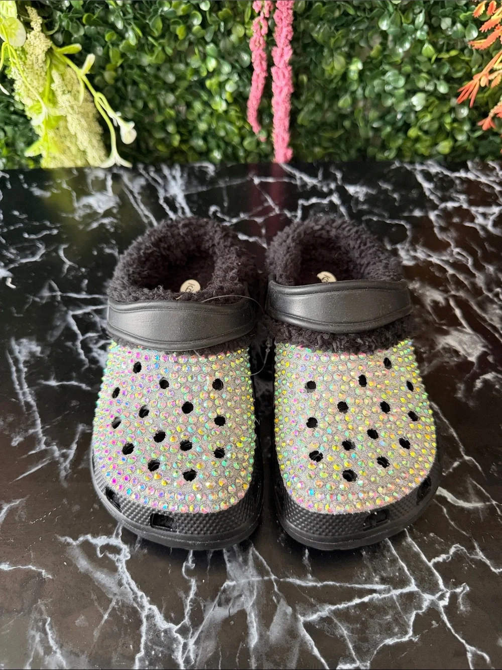 Kids Black Faux-Fur Clog with Iridescent Rhinestones